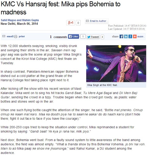 KMC Vs Hansraj fest: Mika pips Bohemia to madness