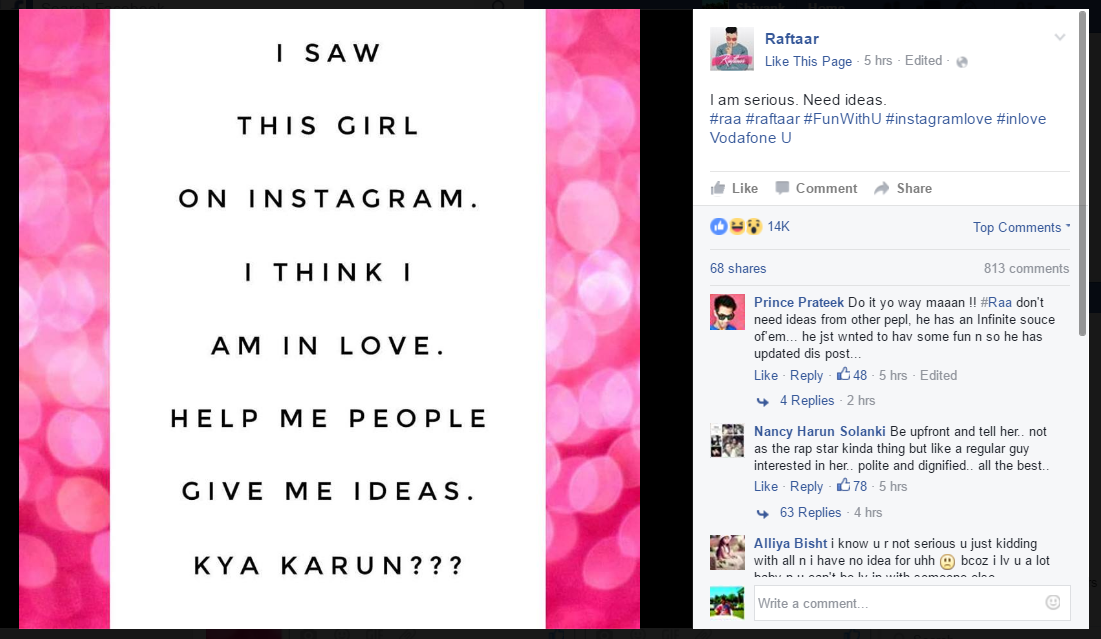 Raftaar's post on FB about mysterious Instagram girl